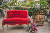 Red Vintage Settee with Wine Barrel and Flowers at Bear Creek Herbary by Nicole Klym Photography